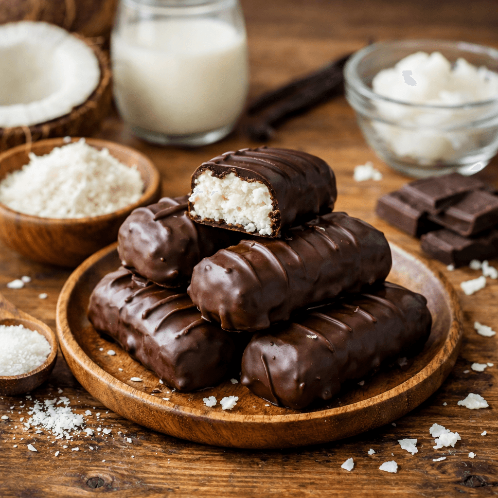 koolhydraatarme bountys geserveerd op een houten tafel met verse ingrediënten