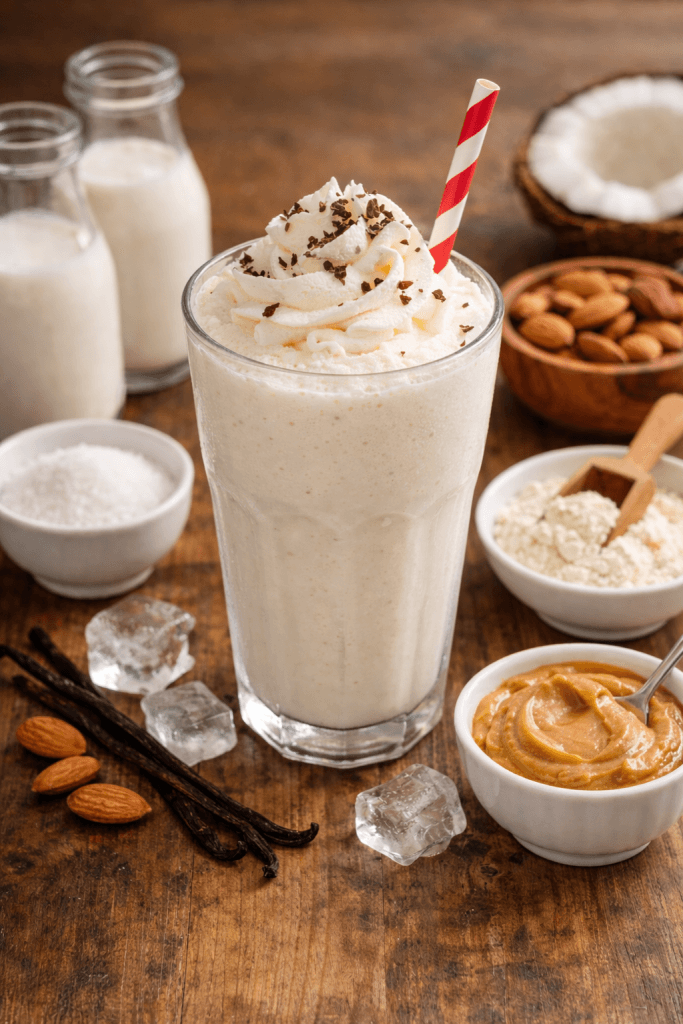 koolhydraatarme milkshake geserveerd op een houten tafel met verse ingrediënten